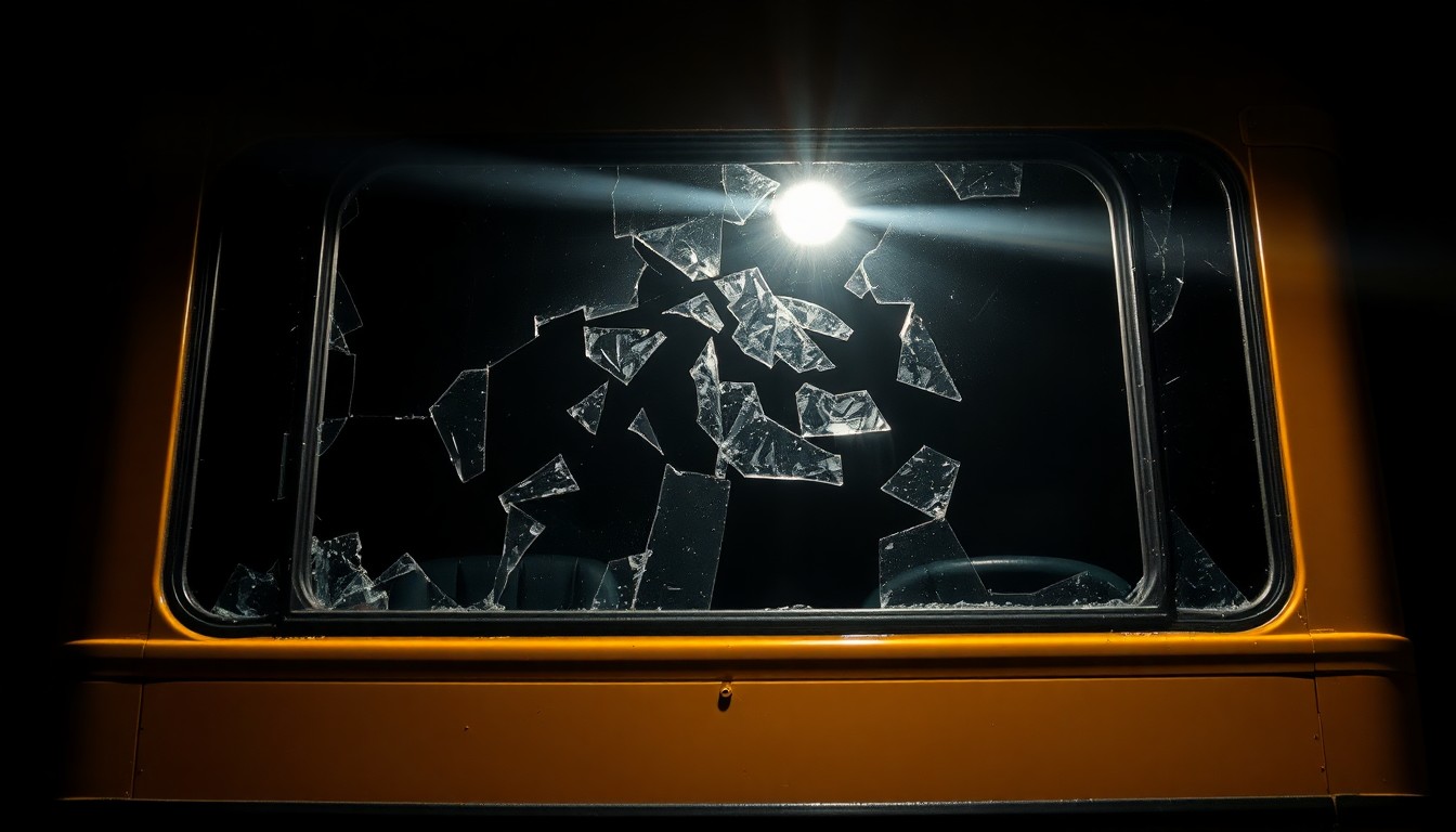 An extreme close-up of a shattered school bus window, reflecting the harsh lighting and creating a somber, investigative mood around the tragic incident.