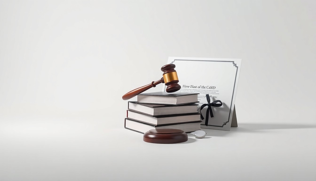 A minimalist studio still life photograph featuring a stack of law books, a gavel, and a diploma certificate arranged elegantly on a clean, white background, conceptually representing the financial support and professional achievement of law school graduates.