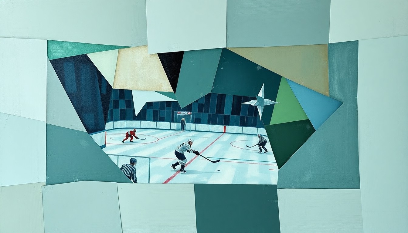 A cubist, geometric painting depicting a fragmented hockey game scene, with overlapping planes of muted blues, greens, and grays conveying the Kraken's struggle to close out games when holding an early lead.