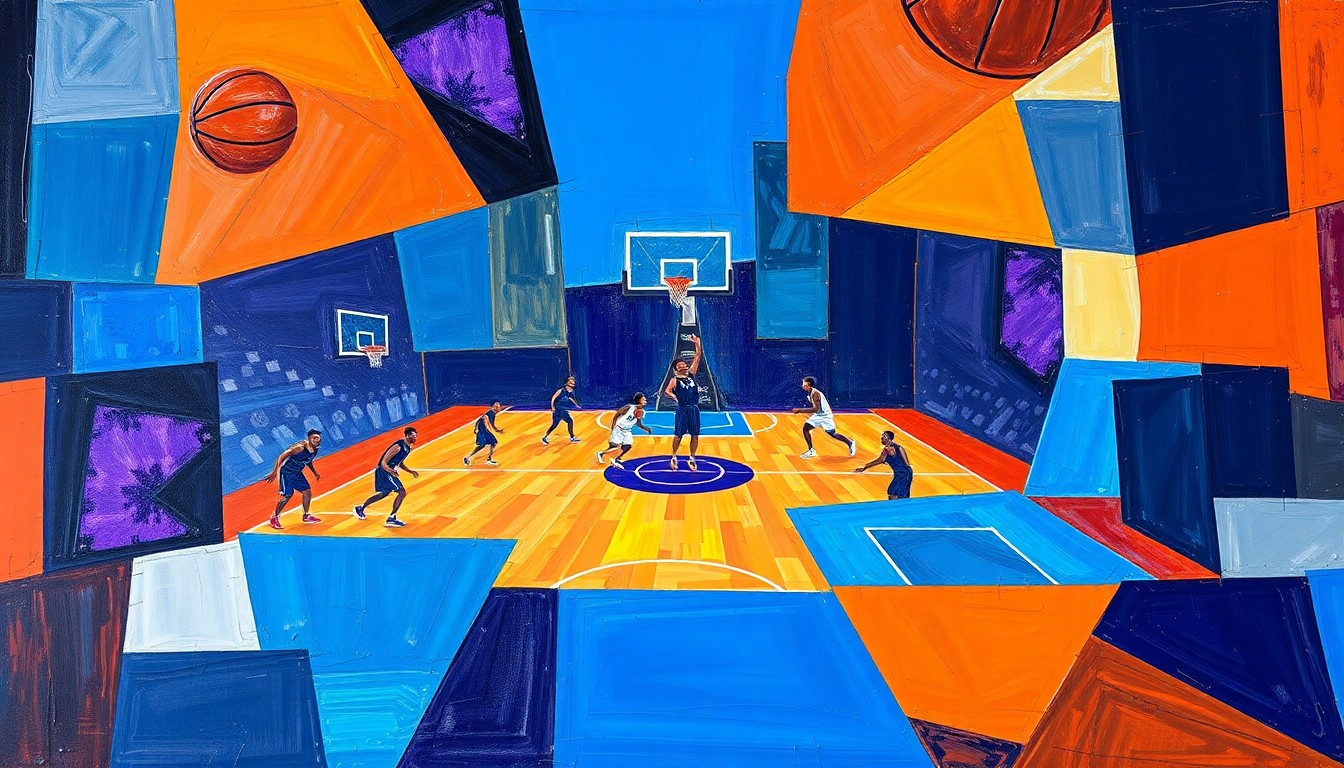 A fractured, geometric painting in bold, contrasting colors depicting an abstract basketball game or match, with players and the court reduced to sharp, overlapping planes and shapes.