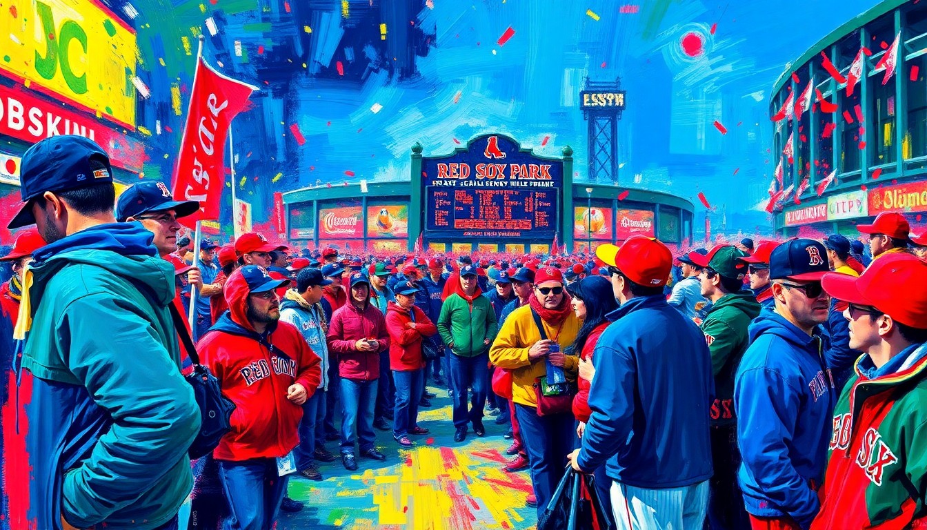A dynamic, expressionist painting in neon colors depicting the energetic scene of Red Sox fans gathering outside Fenway Park, their faces and figures blurred into vibrant brushstrokes that capture the excitement and anticipation of the home opener.