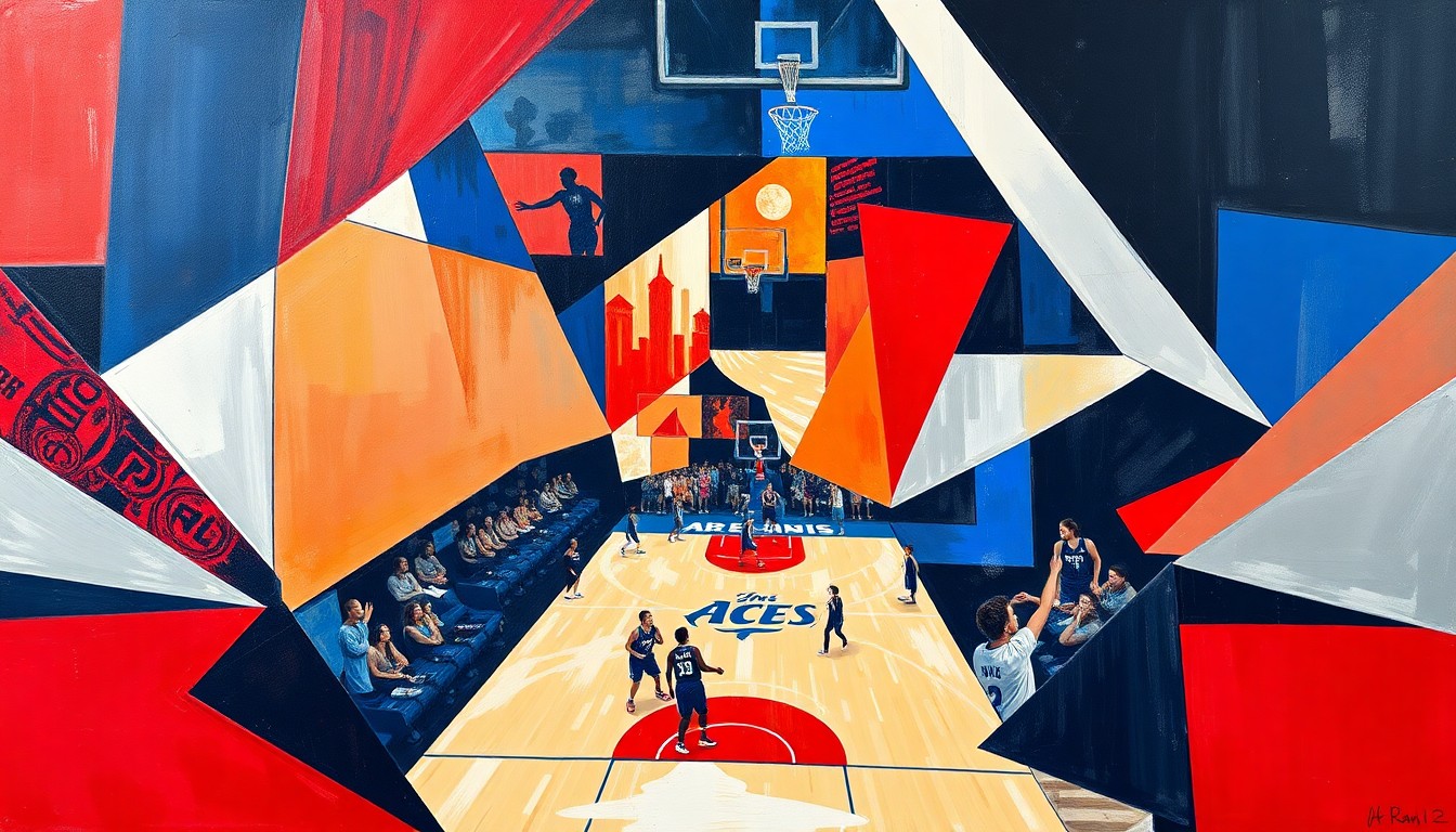 A cubist, geometric painting depicting a WNBA basketball game or match, with sharp, overlapping planes of navy blue, red, and silver colors representing the Las Vegas Aces.
