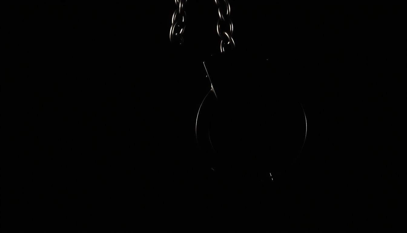 An extreme close-up photograph of a pair of handcuffs against a pitch-black background, conveying a stark, gritty, and investigative aesthetic without depicting any actual violence or victims.