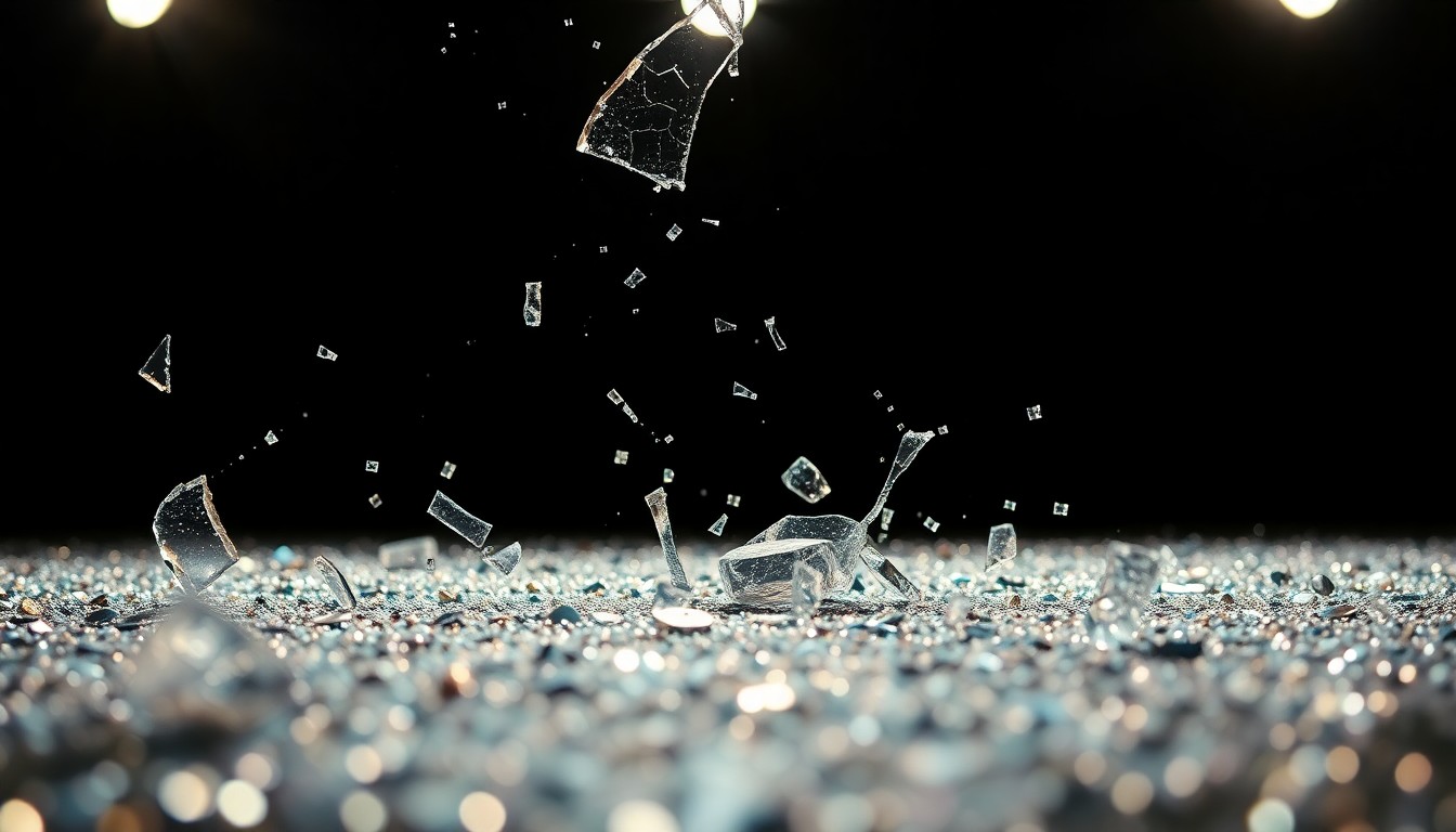 An extreme close-up of shattered glass and glittering sequins in dramatic, high-contrast studio lighting, conceptually representing the glamour and uncertainty of the entertainment industry.