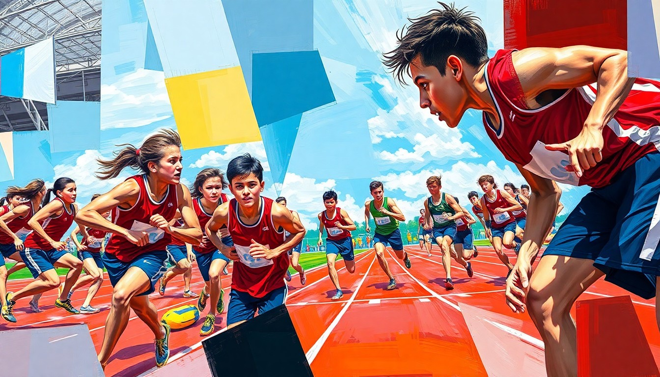 A cubist, geometric painting depicting the dynamic movements and energy of a high school track and field competition, with vibrant colors and overlapping shapes representing the athletes' determination and competitive spirit.