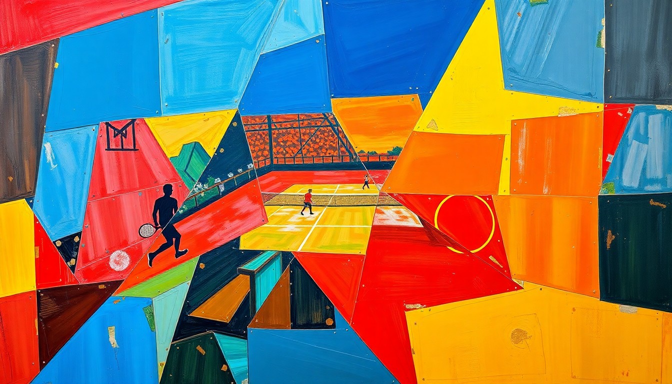 A cubist-style painting featuring overlapping geometric shapes and planes in shades of blue, red, and yellow, conceptually representing the competitive energy and skill of a tennis match or tournament.