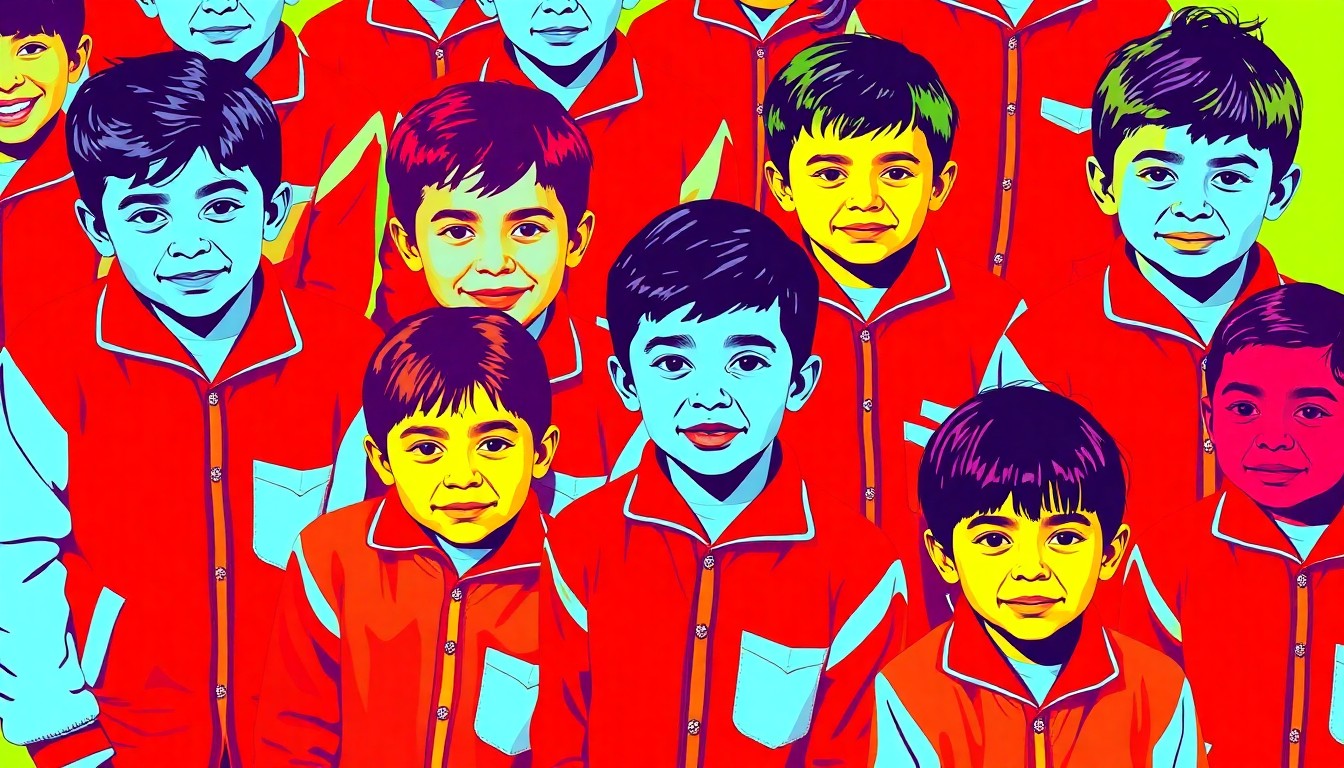 A brightly colored, high-contrast silkscreen print depicting a group of elementary school students wearing red and white ambassador jackets, repeated in a tight grid pattern to capture the energy and spirit of the school's leadership program.