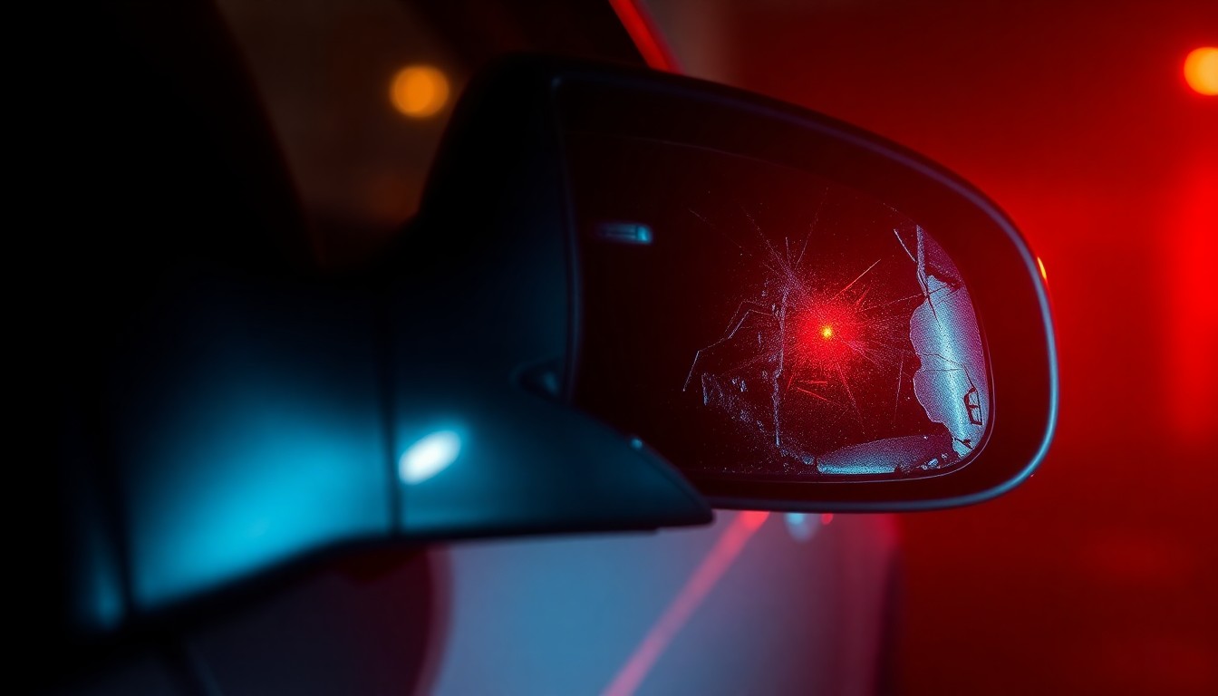 An extreme close-up photograph of a damaged car side mirror reflecting a faint red light, conveying the stark aftermath of a hit-and-run collision.