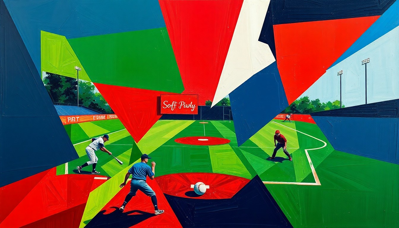 An abstract, cubist-style painting depicting a softball game broken down into sharp, overlapping geometric shapes and planes in a vibrant color palette, conveying the energy and intensity of tournament play.