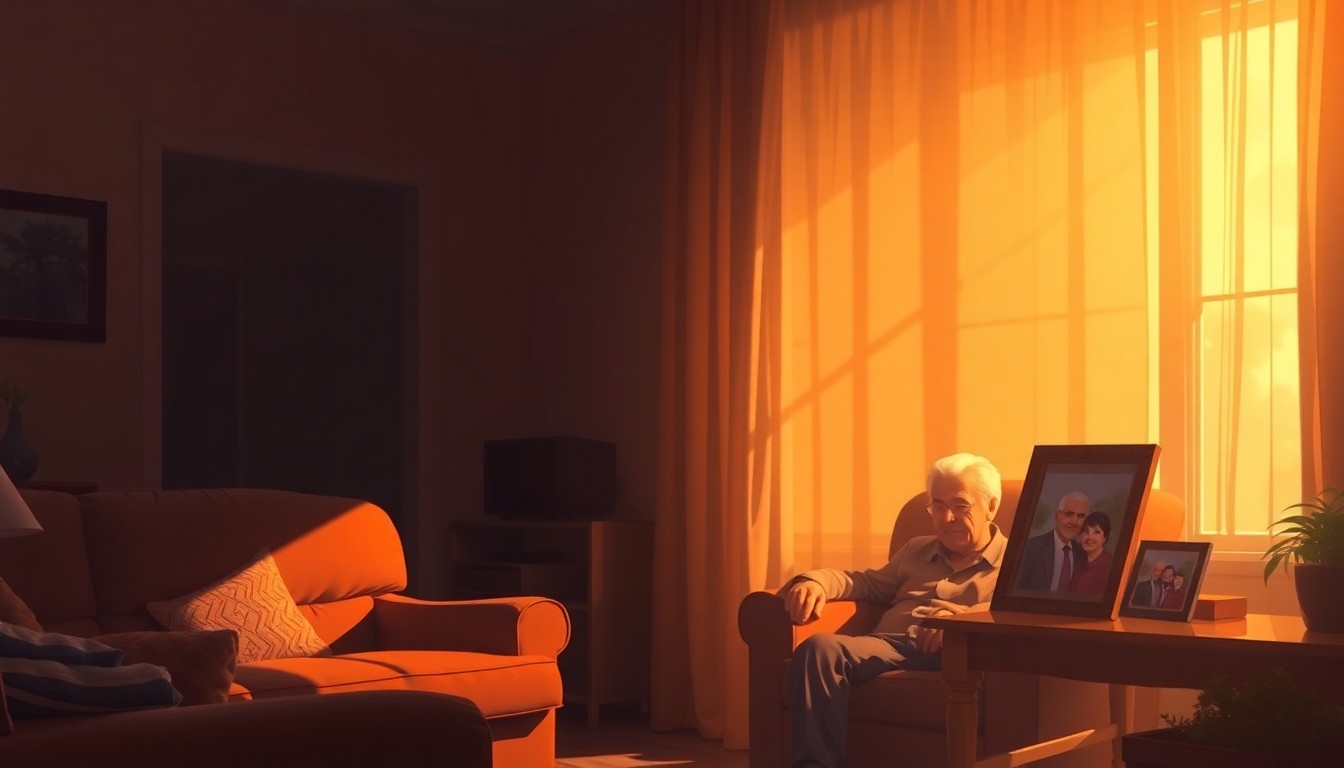 A cozy, sunlit living room with a framed family photo on a side table, conveying the quiet struggle of retirees on fixed incomes to make ends meet.