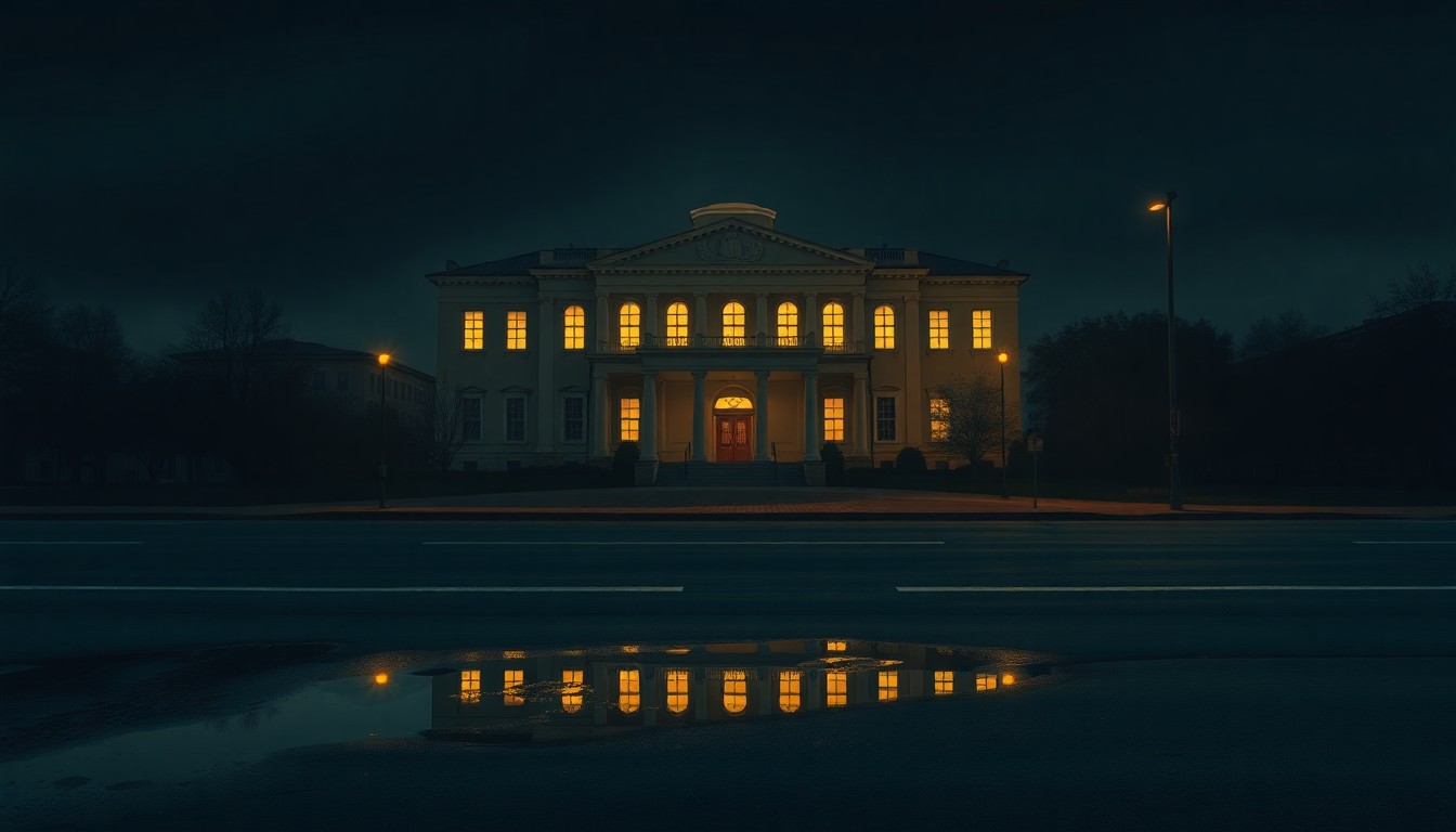 A cinematic painting of a solitary government building at night, with warm light spilling out from a few windows and reflecting in a puddle on the empty street below, creating a sense of isolation and uncertainty.