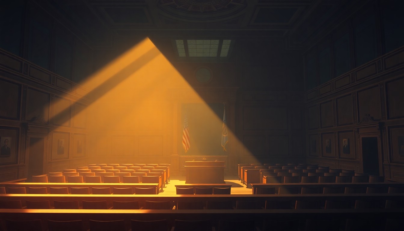 A dimly lit, cinematic painting of an empty city council chamber, with warm sunlight streaming through the windows and deep shadows cast across the empty seats, conveying a sense of civic contemplation and anticipation.