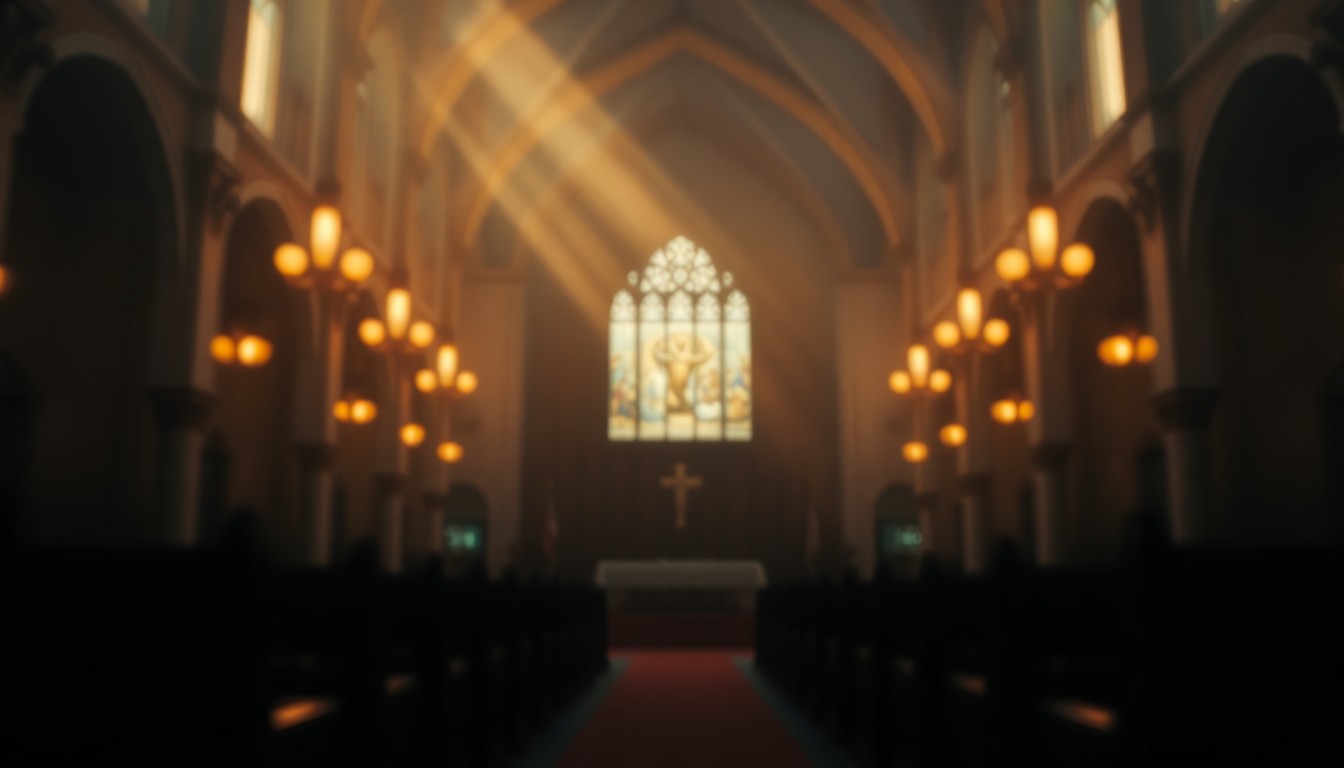 An abstract, impressionistic scene of a church interior, with blurred shapes and muted colors creating a contemplative, atmospheric mood.