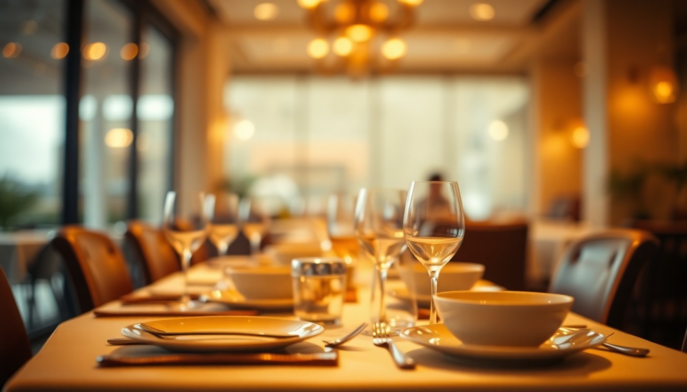 A blurred, intimate restaurant setting with a table setting of plates, silverware, and glasses in warm, hazy tones, capturing the cozy atmosphere of the Jersey Shore dining scene.