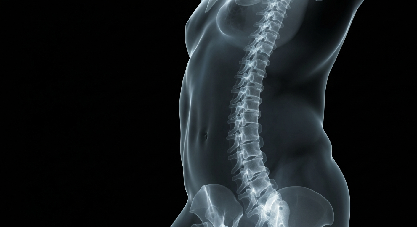 A ghostly, translucent X-ray photograph revealing the internal structure of a human spine in glowing, ethereal lines against a dark background, conceptually representing the series' holistic approach to wellness.