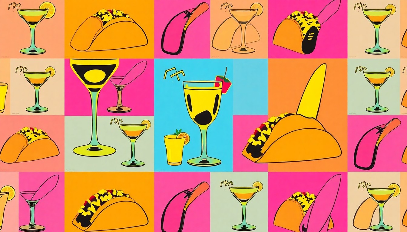 A brightly colored, high-contrast silkscreen print of an iconic San Diego coastal lifestyle object such as a cocktail glass, taco, or surfboard, repeated in a tight grid pattern, conceptually representing the vibrant energy and coastal experiences of San Diego's happy hour scene.