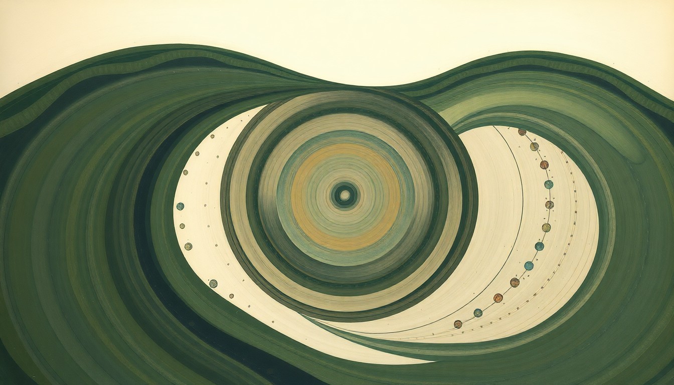 A bold, highly structured abstract painting in muted tones of green, brown, and blue, featuring sweeping geometric arcs, concentric circles, and precise botanical spirals, conceptually representing the complex challenges of restoring the health of the Wicomico River.