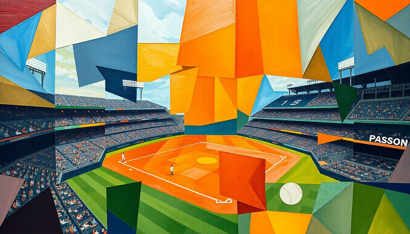 A fractured, cubist-style painting depicting various baseball actions and elements like a batter, a pitcher, and a baseball diamond, all broken down into sharp, overlapping geometric shapes and planes in a vibrant color palette.