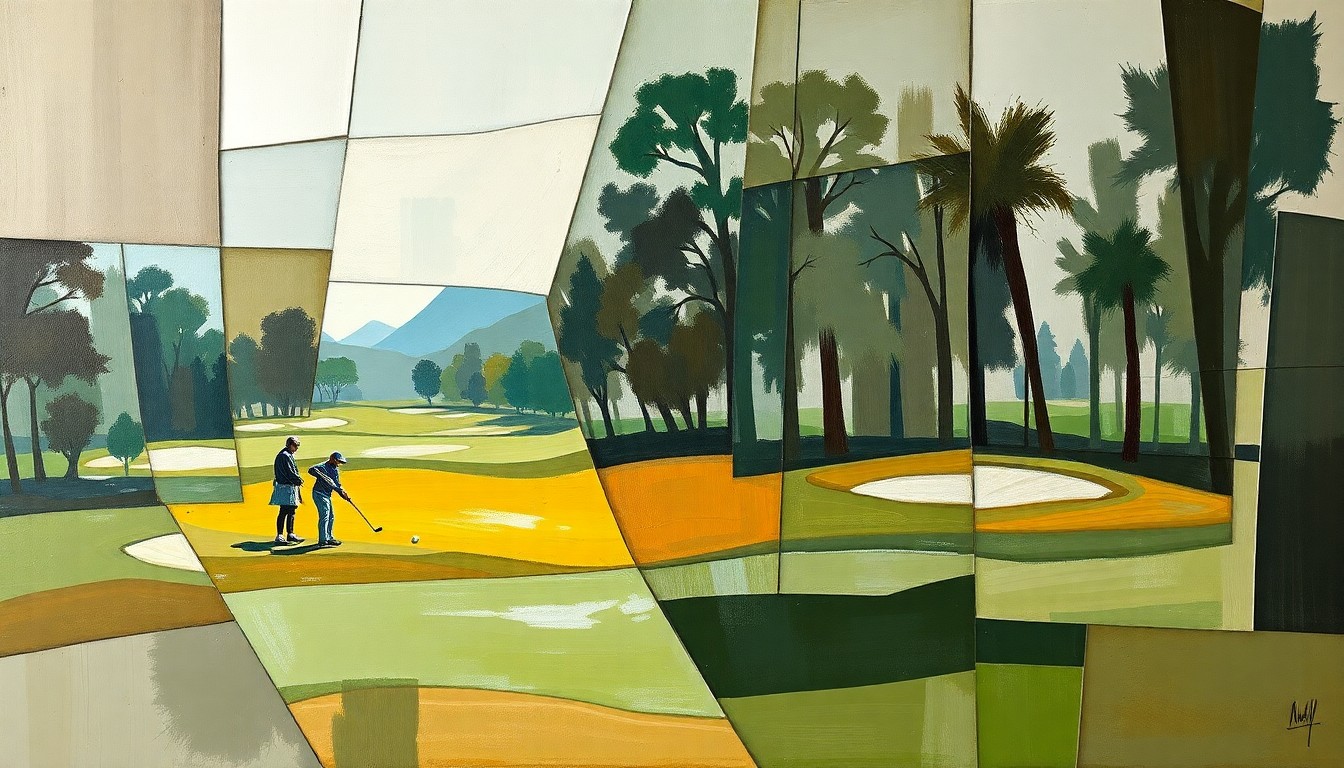A fractured, cubist-style painting depicting a lone golfer on a course, with the scene broken down into sharp, overlapping geometric shapes in muted earth tones, conveying the complexity and fragmentation surrounding Tiger Woods' current struggles.