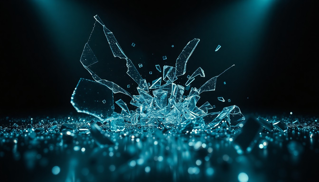 An abstract close-up image featuring shards of shattered glass and glittering sequins, captured in dramatic high-contrast studio lighting to create a visually striking and conceptually evocative representation of the divisive film 'The Drama'.