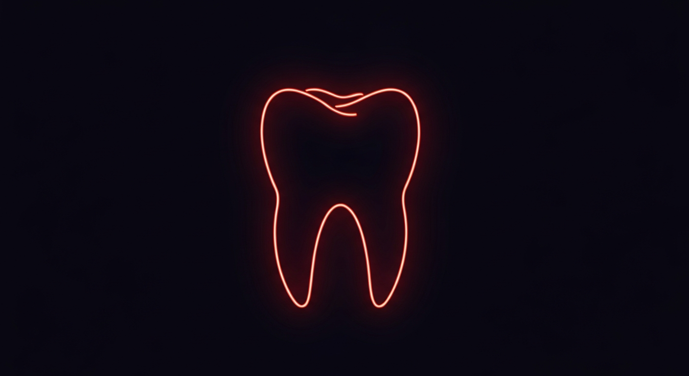 A minimalist, neon-outlined illustration of a human tooth glowing against a dark background, conveying the urgent and electric nature of a dental emergency.