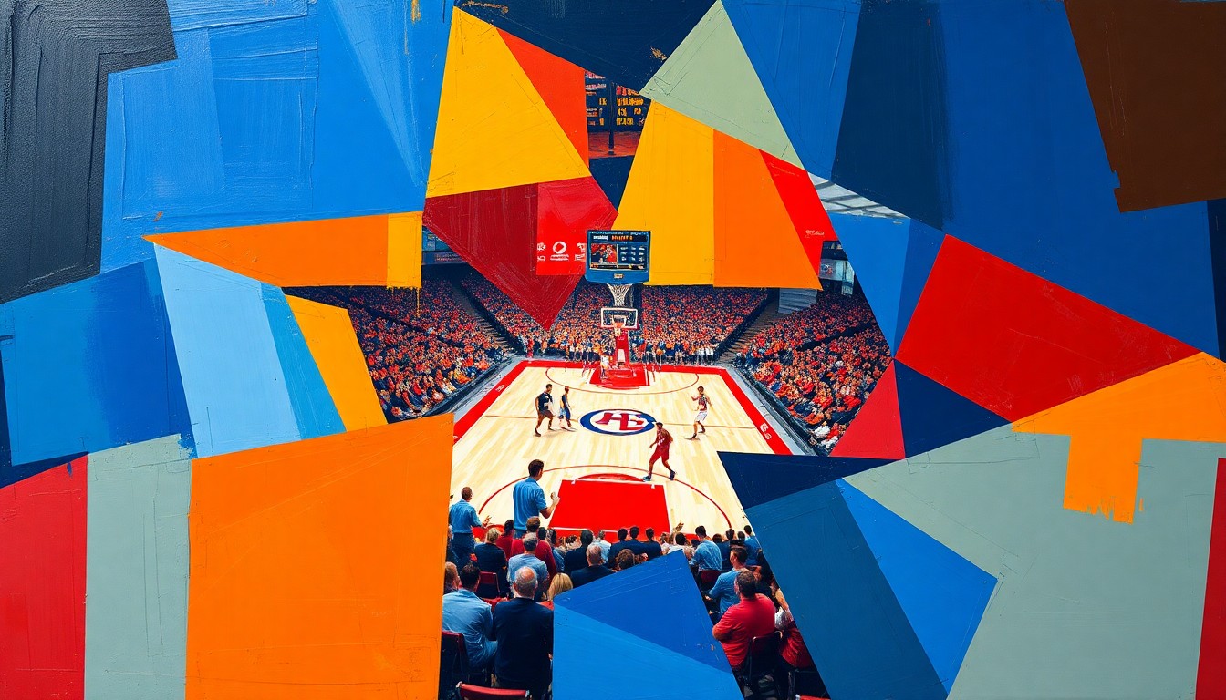 A fractured, cubist-style painting depicting the dynamic movements and intense competition of a college basketball game, with sharp geometric shapes in bold, contrasting colors.