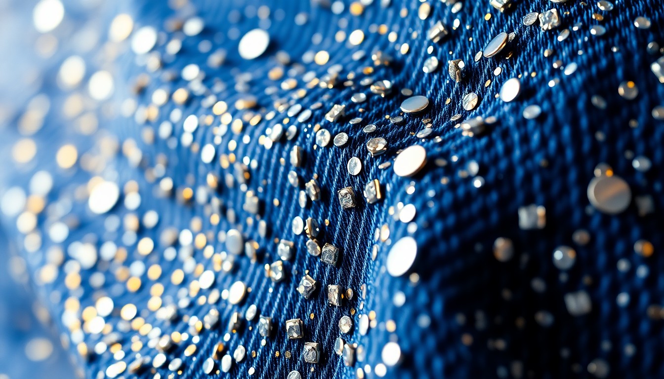 An extreme close-up photograph of heavily textured denim fabric, sparkling sequins, and shimmering rhinestones in a high-contrast, high-fashion studio lighting setup, conceptually representing the glamorous aesthetic of Dolly Parton's new 'Joleans' fashion line.