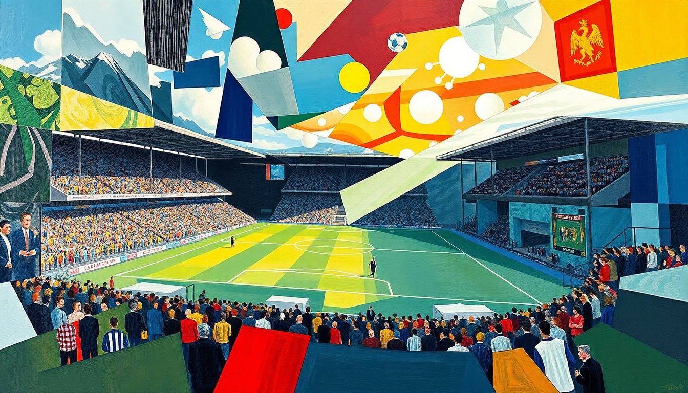 A vibrant, cubist-style painting featuring overlapping geometric shapes and planes in shades of green, blue, and red, conceptually representing the intensity and passion of a Scottish football match.