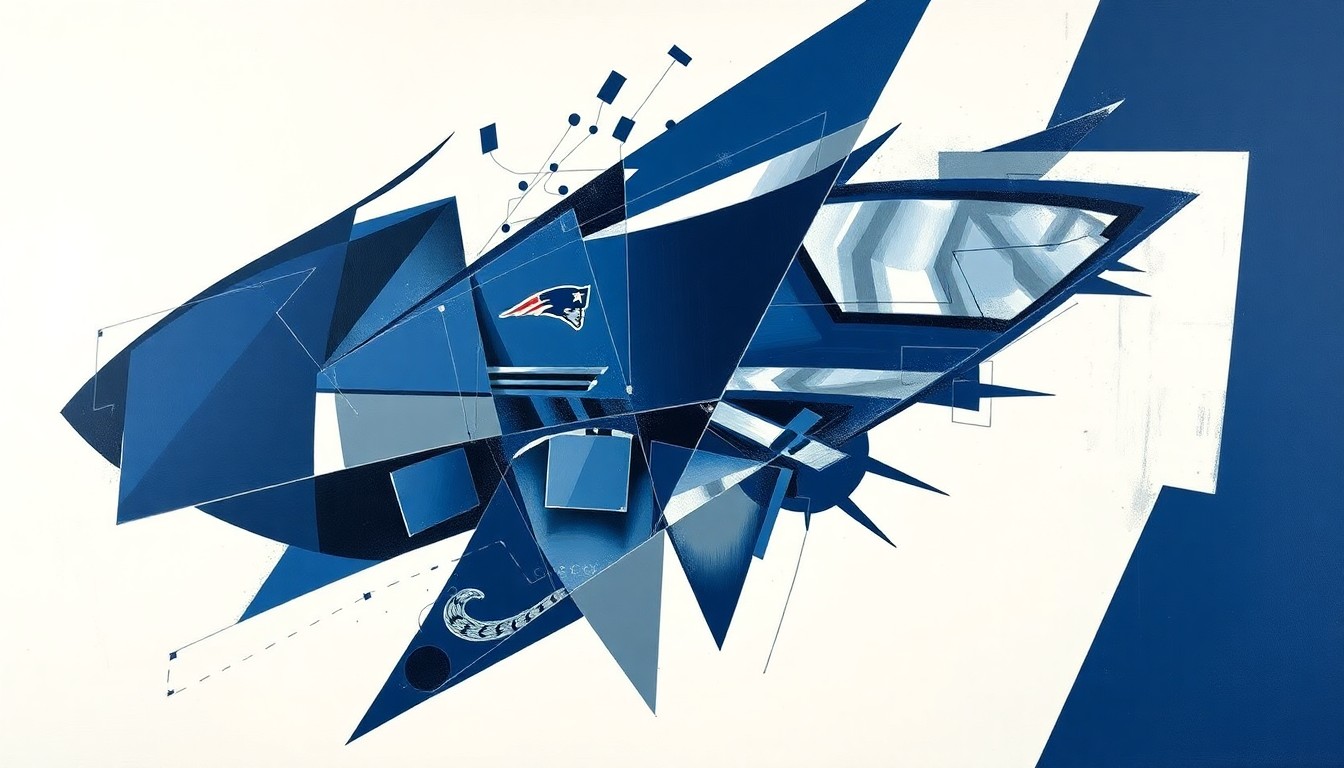 A fragmented, geometric painting depicting a football game or draft event, with sharp, overlapping planes in navy, silver, and white, conveying the strategic planning and decision-making process of an NFL team.