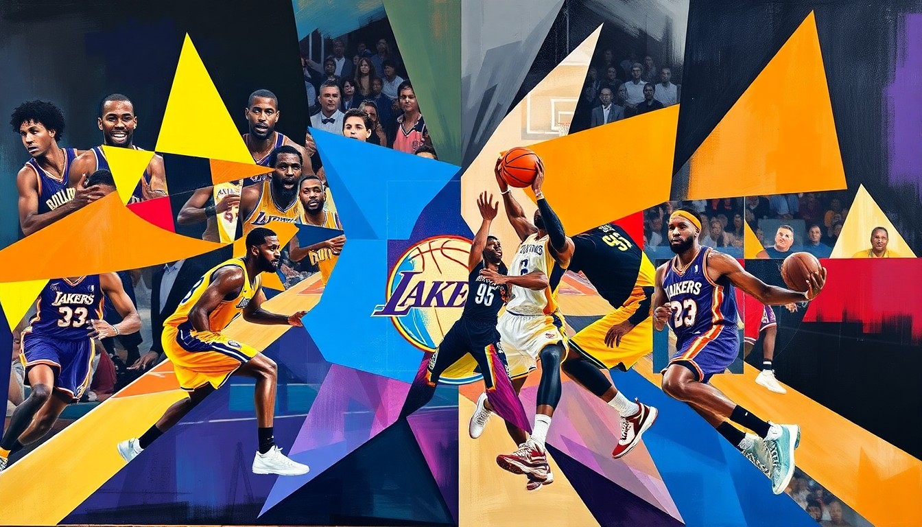 A fragmented, geometric painting depicting a basketball game, with the players' forms broken down into abstract shapes and colors, conveying the intensity and chaos of the Lakers' lopsided defeat.