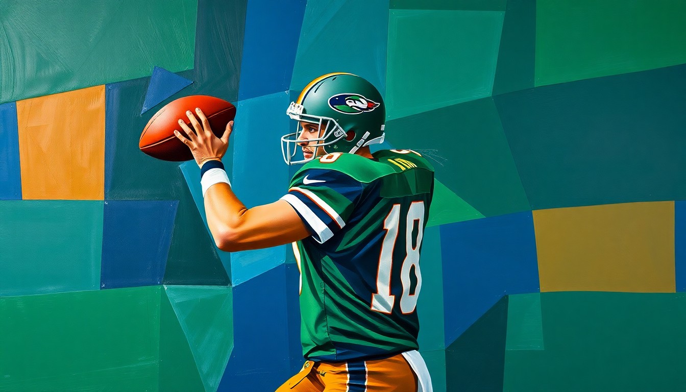 A cubist, geometric painting depicting a quarterback in motion, with sharp, overlapping planes of color representing the dynamic action of the play.