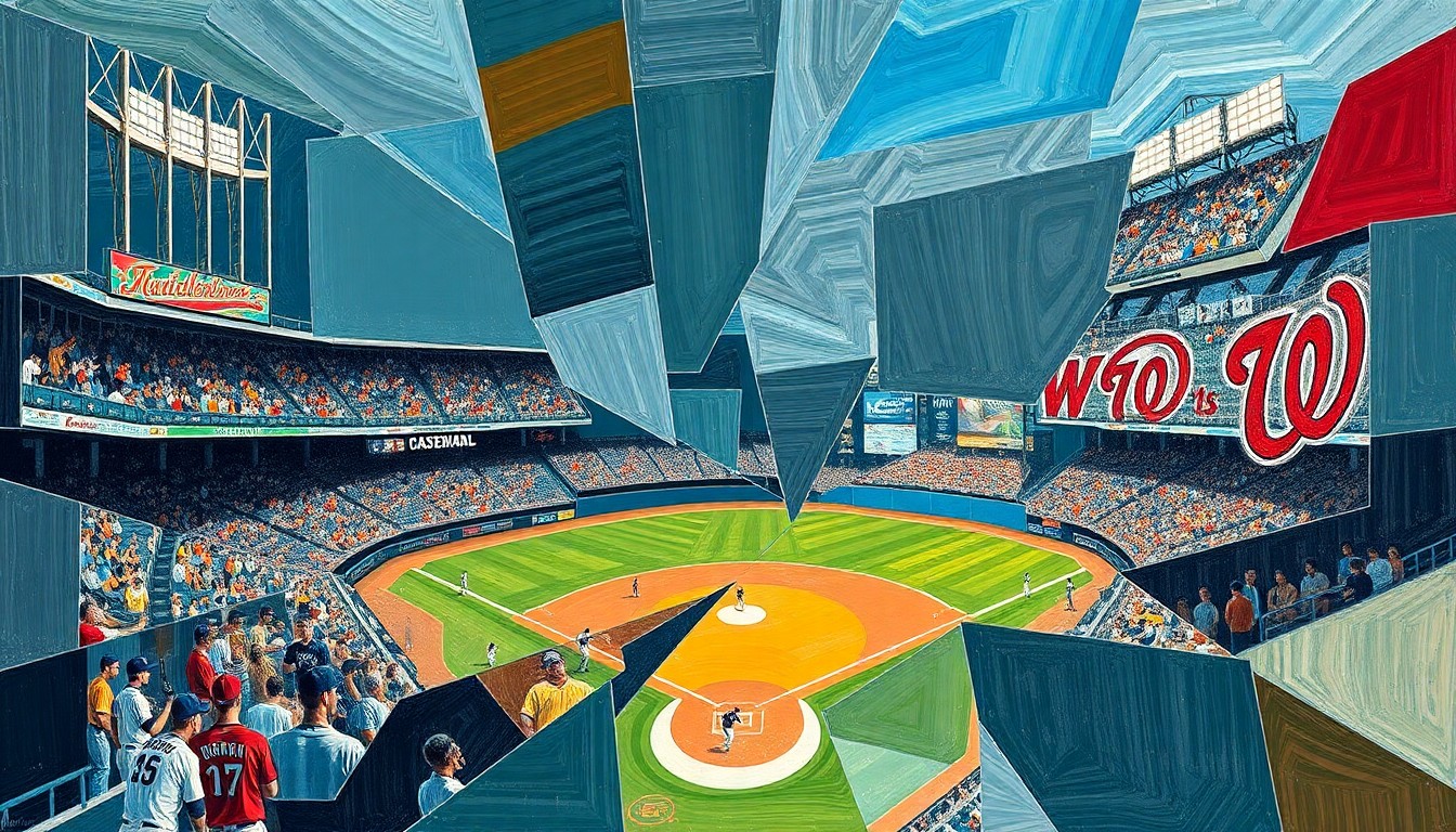 A cubist-style painting depicting a baseball game between the Los Angeles Dodgers and Washington Nationals, with the players and field broken down into sharp, overlapping geometric shapes and planes of color.