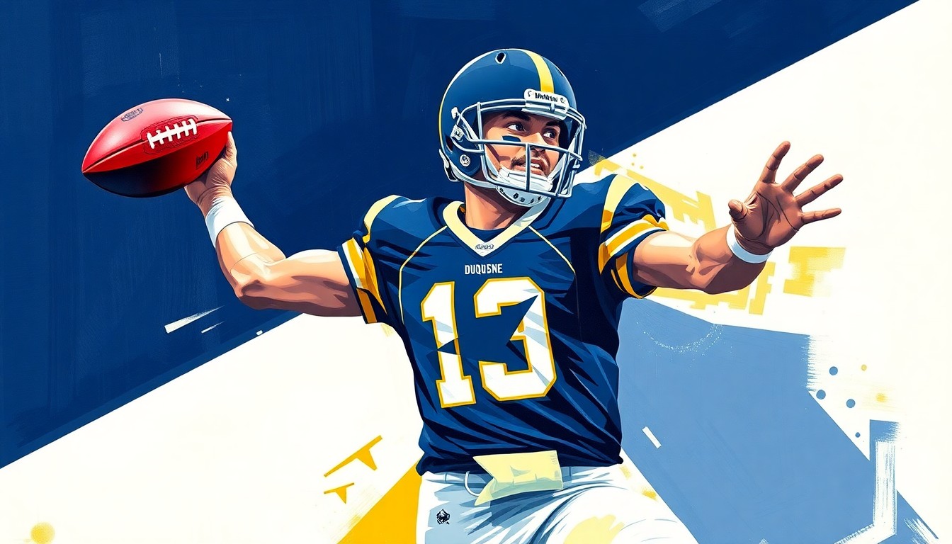 A fractured, geometric painting depicting a quarterback's throwing motion, with sharp planes of navy blue, gold, and white representing the player's movements.