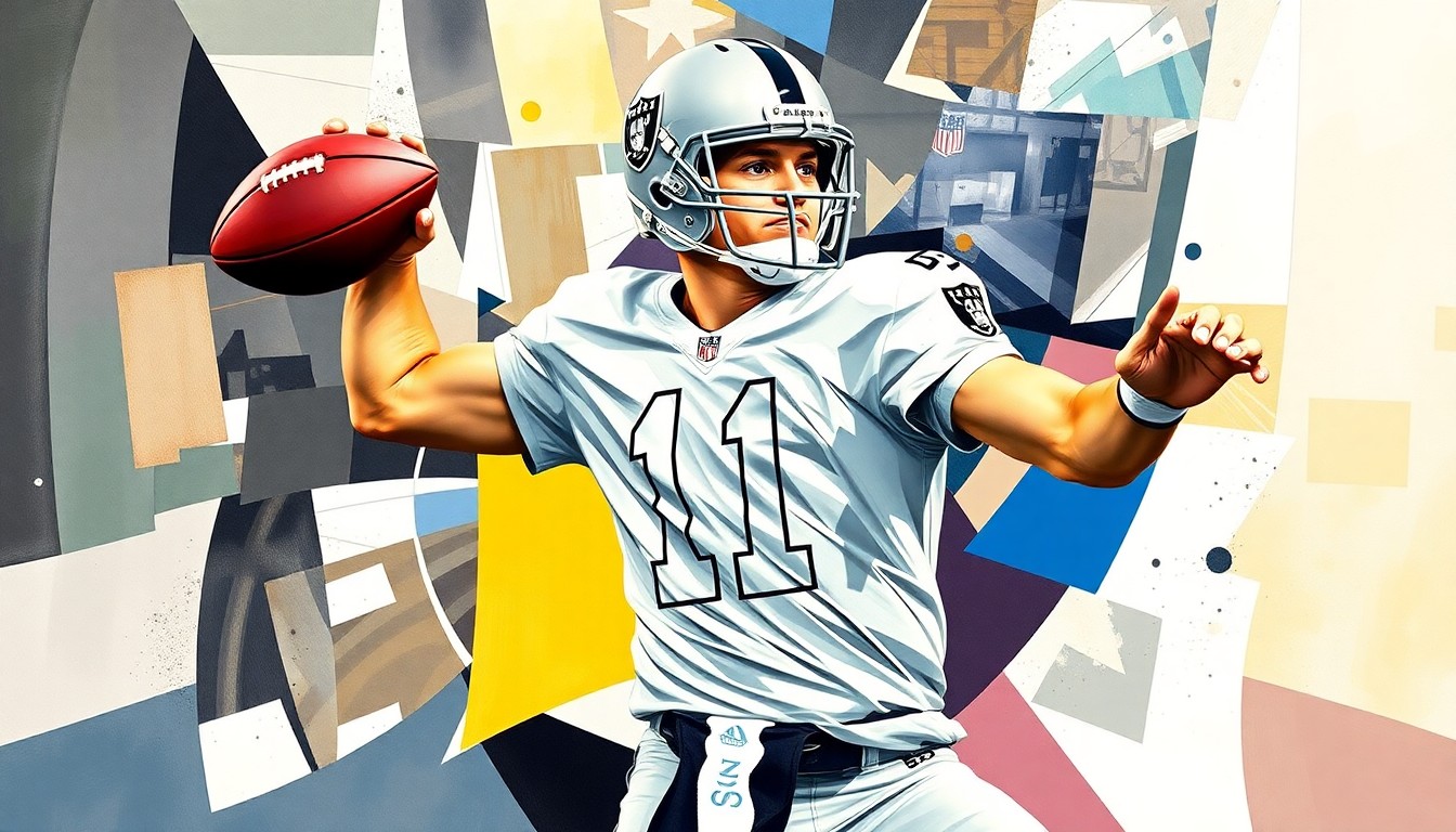 A fragmented, geometric painting depicting a quarterback's throwing motion, with sharp planes of silver, black, and red representing the dynamic action of the play.