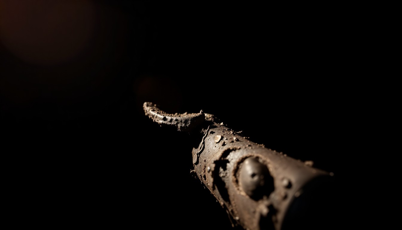 An extreme close-up of a charred, twisted metal object from the motel fire, capturing the stark, gritty aftermath of the tragedy.