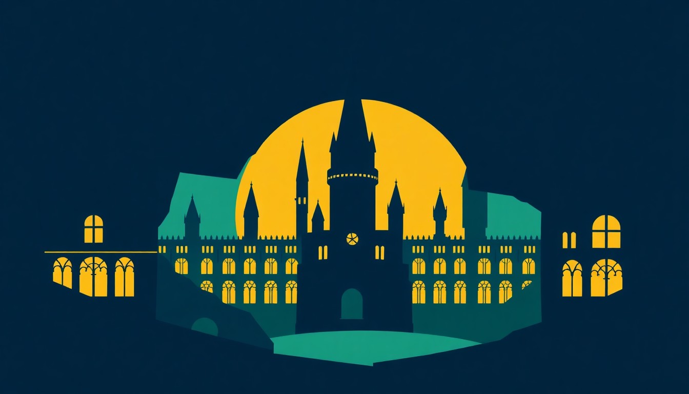 A striking abstract illustration featuring bold, jagged shapes in shades of blue, green, and gold, conceptually representing the magical world of Harry Potter and the iconic Ministry of Magic.