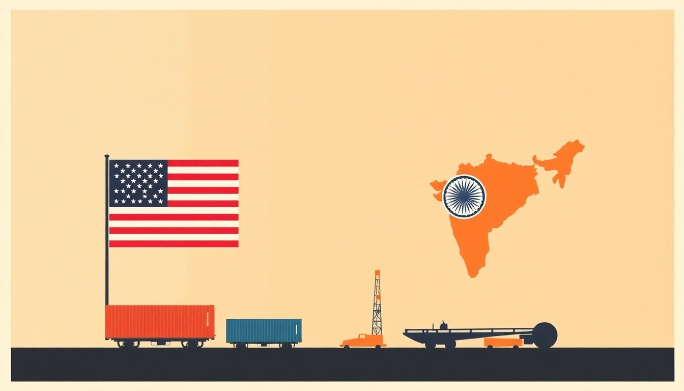 A minimalist, abstract illustration using bold geometric shapes and primary colors to represent the growing trade deficit between the United States and India, without any text or identifiable elements.