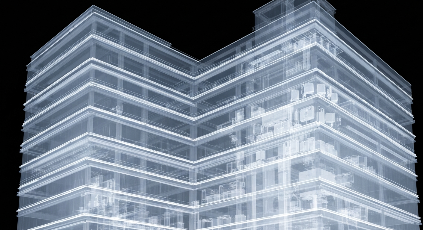A translucent, ghostly X-ray image of a hospital building, its internal structures and equipment visible as glowing lines against a dark background, conveying a sense of fragility and uncertainty surrounding the future of these healthcare facilities.