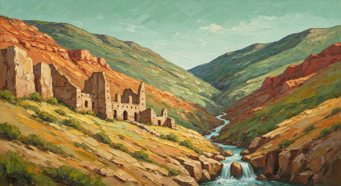A heavily textured oil painting landscape in warm earth tones, depicting the Soledad Canyon with a cascading waterfall and the crumbling ruins of an old homestead in the foreground, conveying the natural and historical elements of the hiking trail.