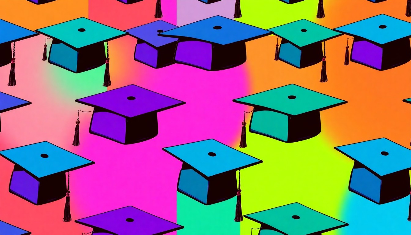A brightly colored, high-contrast silkscreen print of a mortar board graduation cap repeated in a tight grid pattern, in the style of Andy Warhol, conceptually representing the leadership changes and challenges facing higher education institutions.