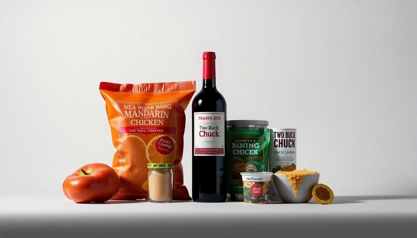 A high-end, photorealistic studio still-life photograph featuring a neatly arranged display of Trader Joe's signature products, including a bag of Mandarin Orange Chicken, a bottle of Two-Buck Chuck wine, and other iconic items, set against a clean, monochromatic background with dramatic lighting and shadows to represent the brand's premium quality and strategic growth.