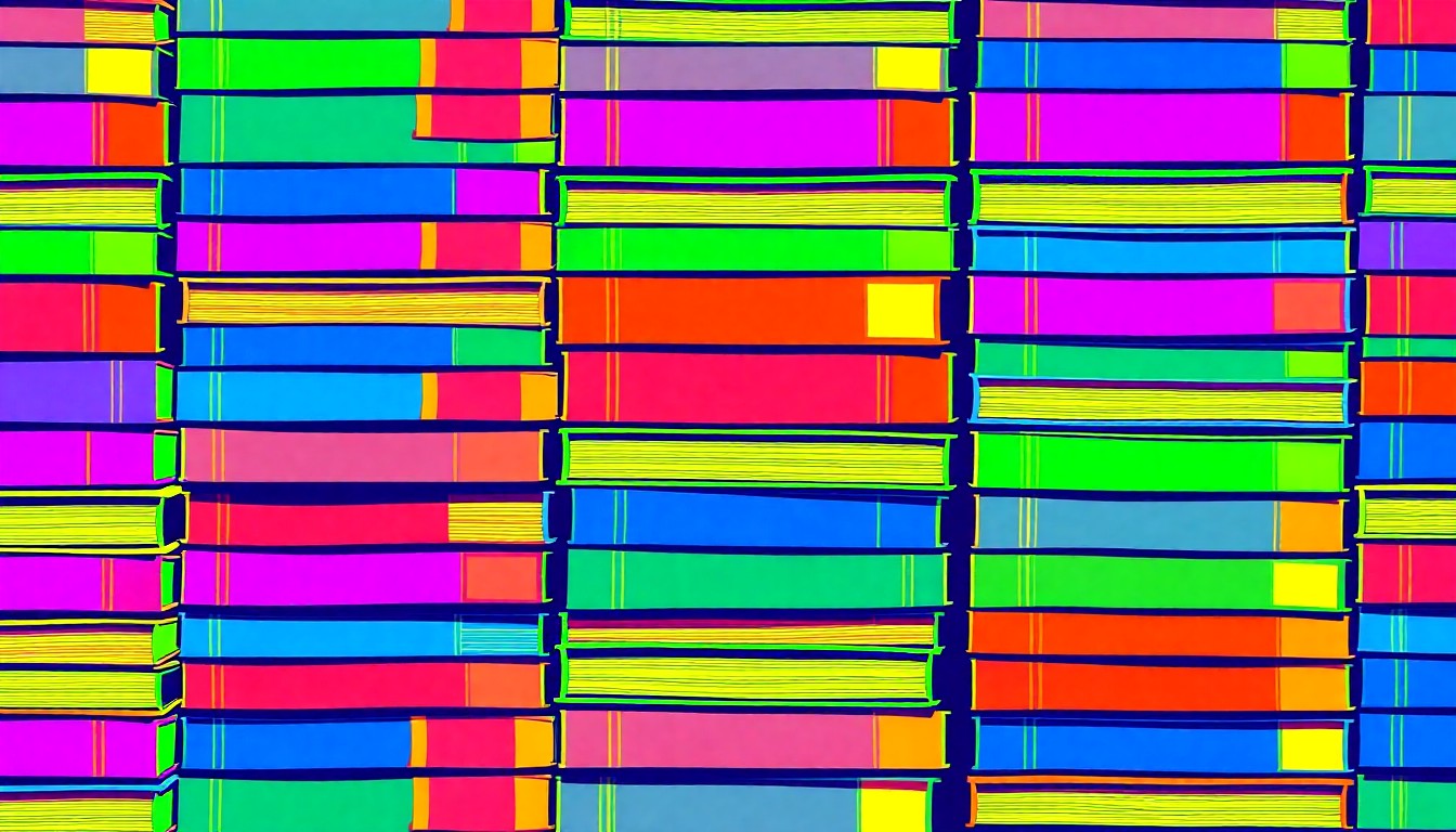 A repeating grid of brightly colored, high-contrast silkscreen images of a stack of textbooks, representing the essential role of education in the community.