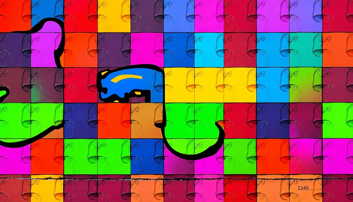 A bold, colorful silkscreen-style illustration featuring a repeating pattern of a vibrant public art mural or installation, capturing the energy and artistic spirit of Sioux Falls' growing arts and culture scene.