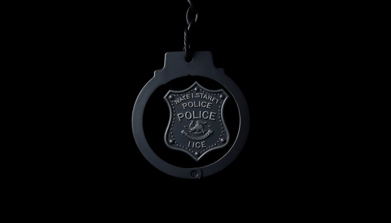 An extreme close-up photograph of a police badge or handcuffs against a pitch-black background, lit by a harsh, direct camera flash to create a stark, gritty, investigative aesthetic.