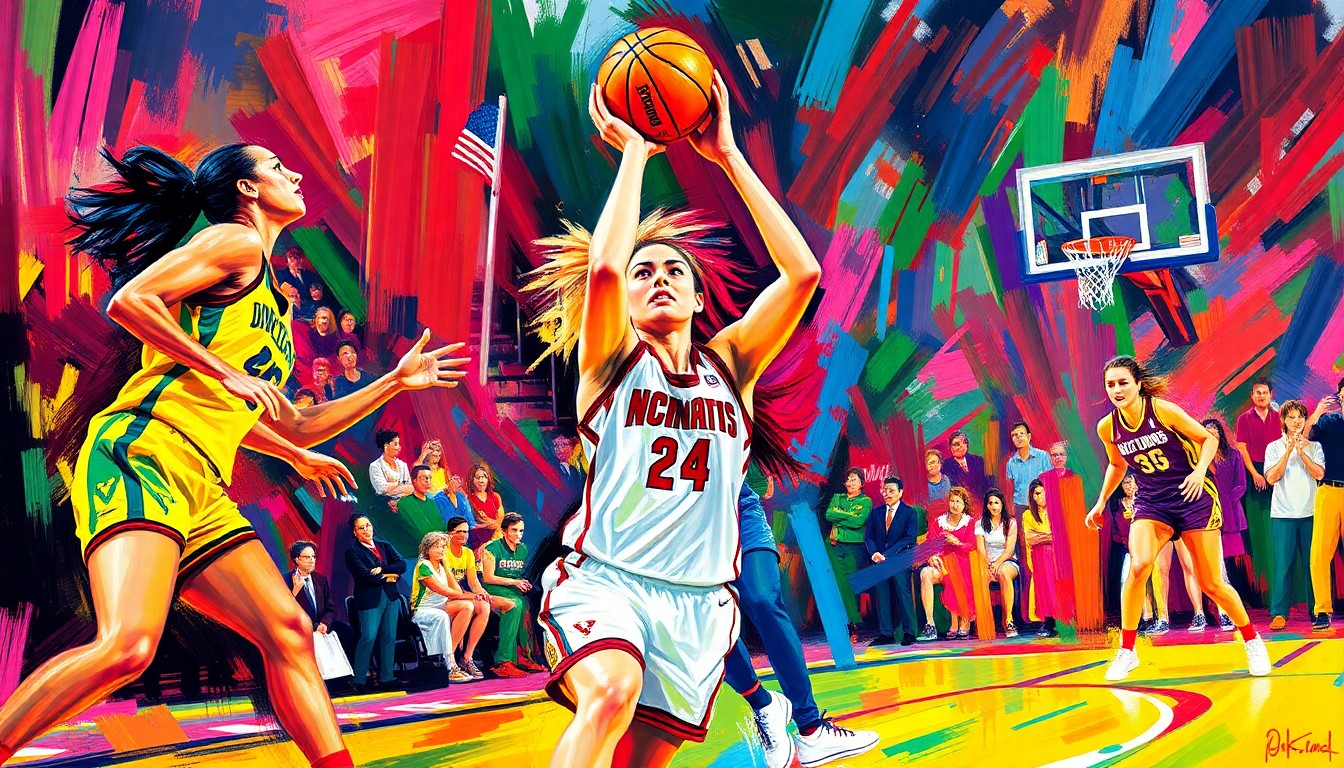 An abstract, expressionist painting in neon colors depicting the dynamic movements and competitive intensity of a women's basketball game.