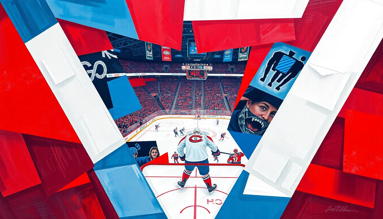 A cubist, geometric painting depicting a Canadiens hockey game, with sharp, overlapping planes of red, blue, and white representing the team's official colors and the fractured, multi-perspective nature of the sport.