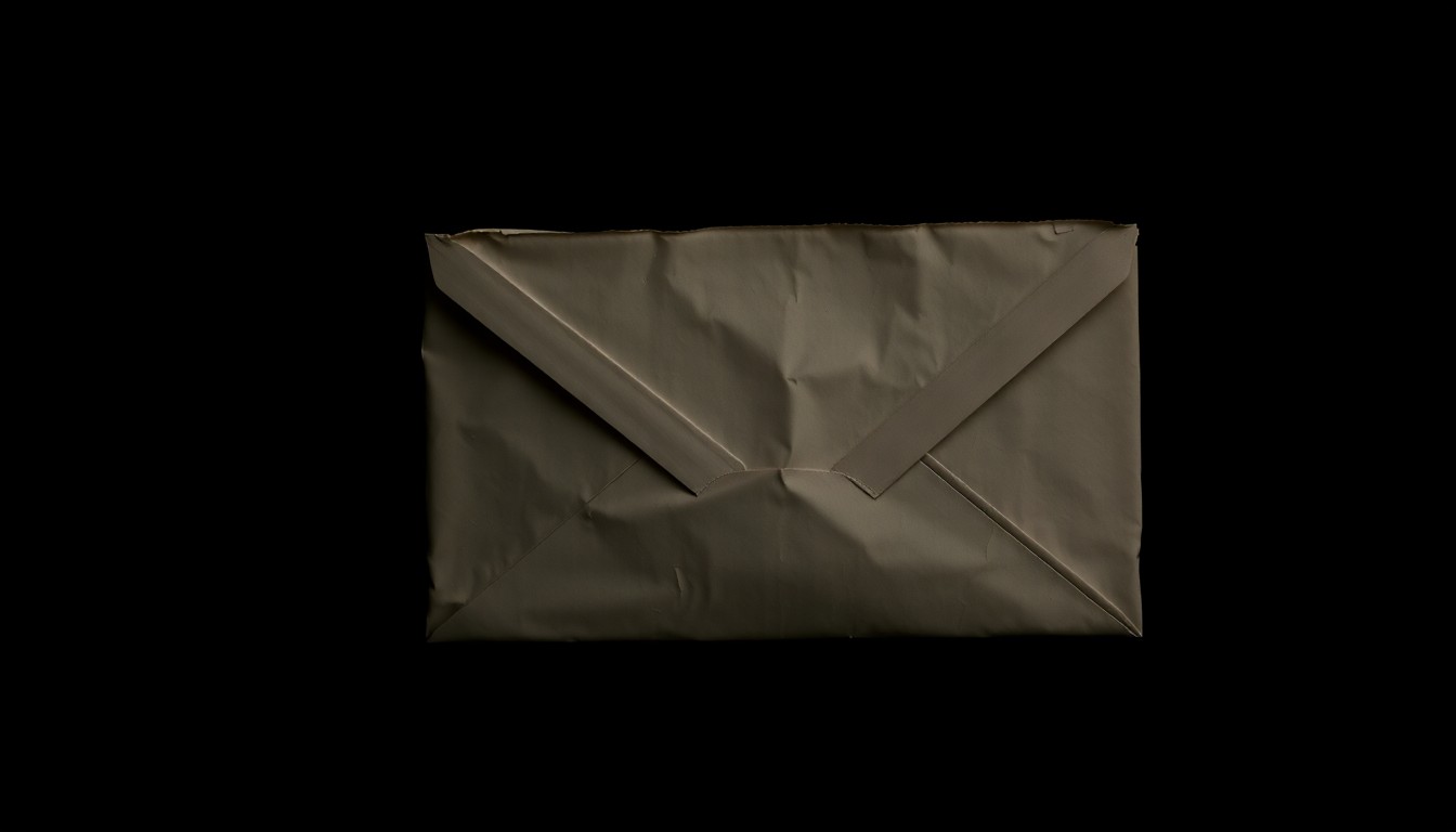 An extreme close-up of a crumpled, torn envelope reflecting harsh, direct lighting, conceptually representing the tense, gritty nature of the alleged threats in this property dispute case.
