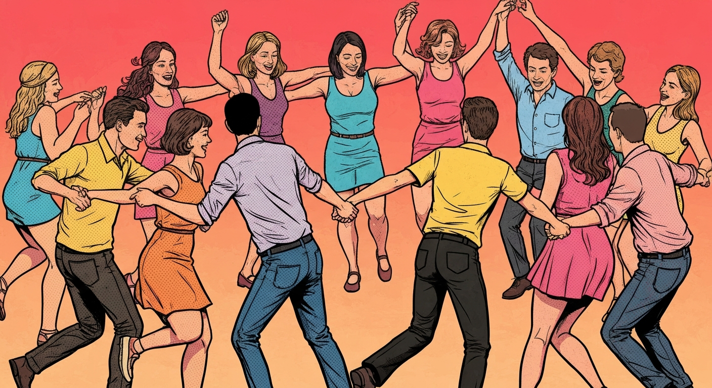 A dynamic neon outline illustration showing a group of diverse people of all ages happily dancing and interacting, capturing the celebratory energy of a community event.