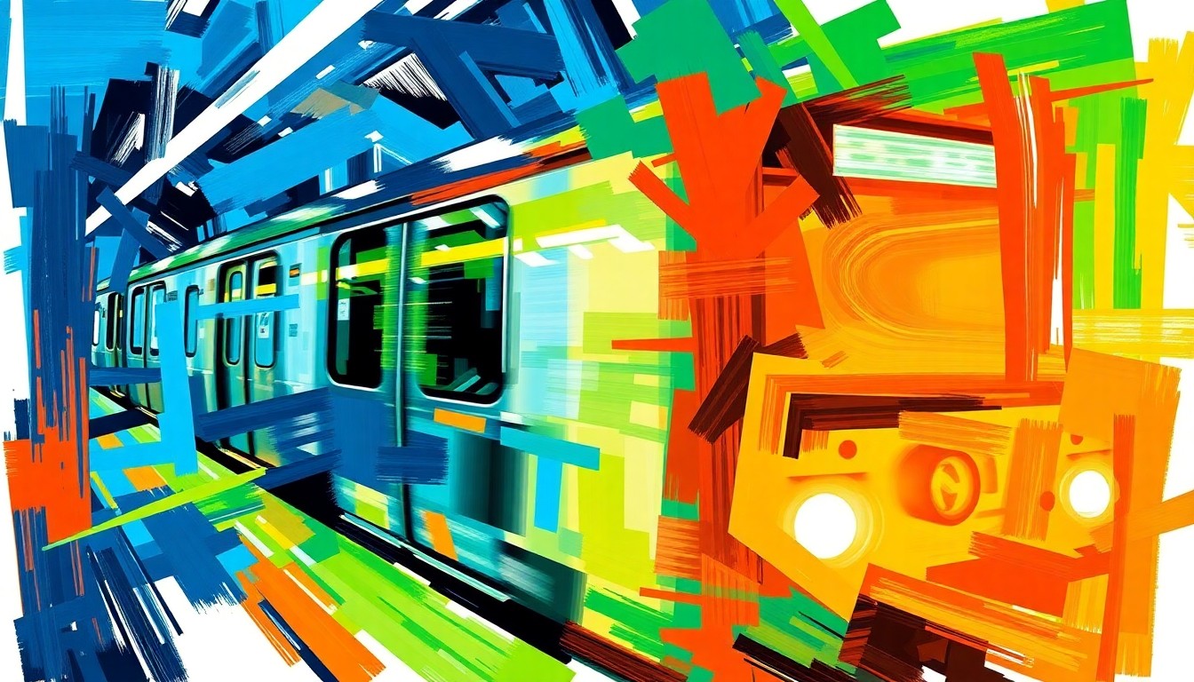 A dynamic, fragmented painting of a subway train in motion, with bold strokes of vibrant colors capturing the energy and movement of public transit, symbolizing the push for greater accessibility and affordability.