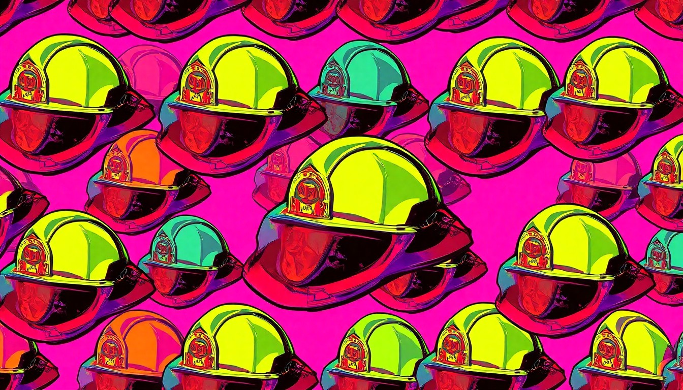 A brightly colored, high-contrast silkscreen print of a firefighter's helmet repeated in a tight grid pattern, conceptually representing the iconic equipment and service of a retiring fire chief.